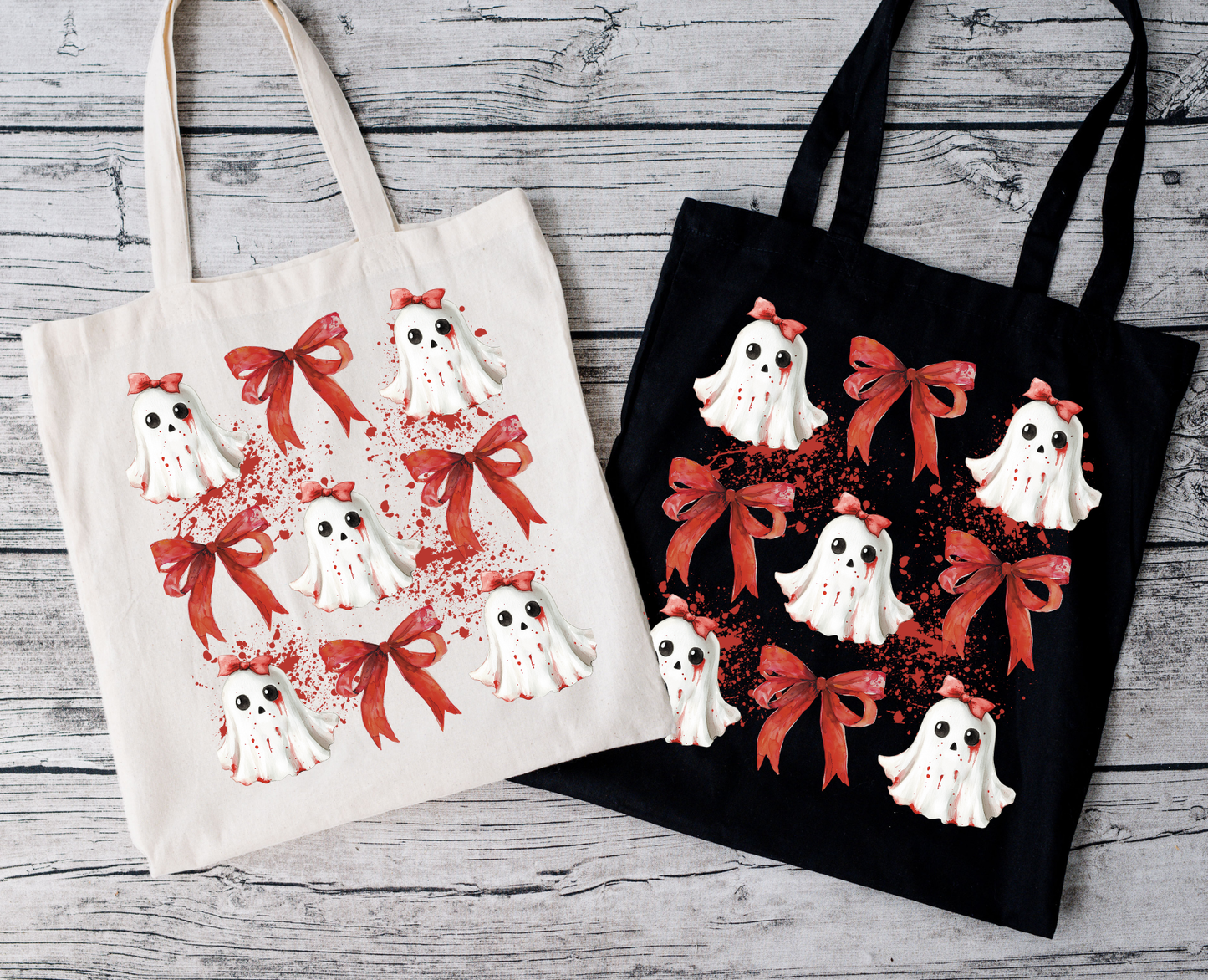 Bloody Ghosts Tragetasche – Halloween Beutel mit blutigen Geistern & roten Schleifen – Baumwolltasche 48x42 cm – Rosa, Beige, Schwarz – Auch als Bügelbild erhältlich