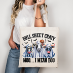 Lustige Halloween Tragetasche Kuh – Bull Sheet Crazy Moo I Mean Boo – Baumwollbeutel mit Spruch – Geschenkidee Halloween Tasche