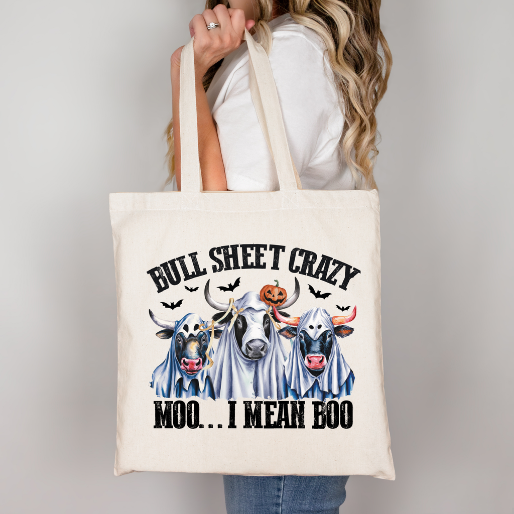 Lustige Halloween Tragetasche Kuh – Bull Sheet Crazy Moo I Mean Boo – Baumwollbeutel mit Spruch – Geschenkidee Halloween Tasche