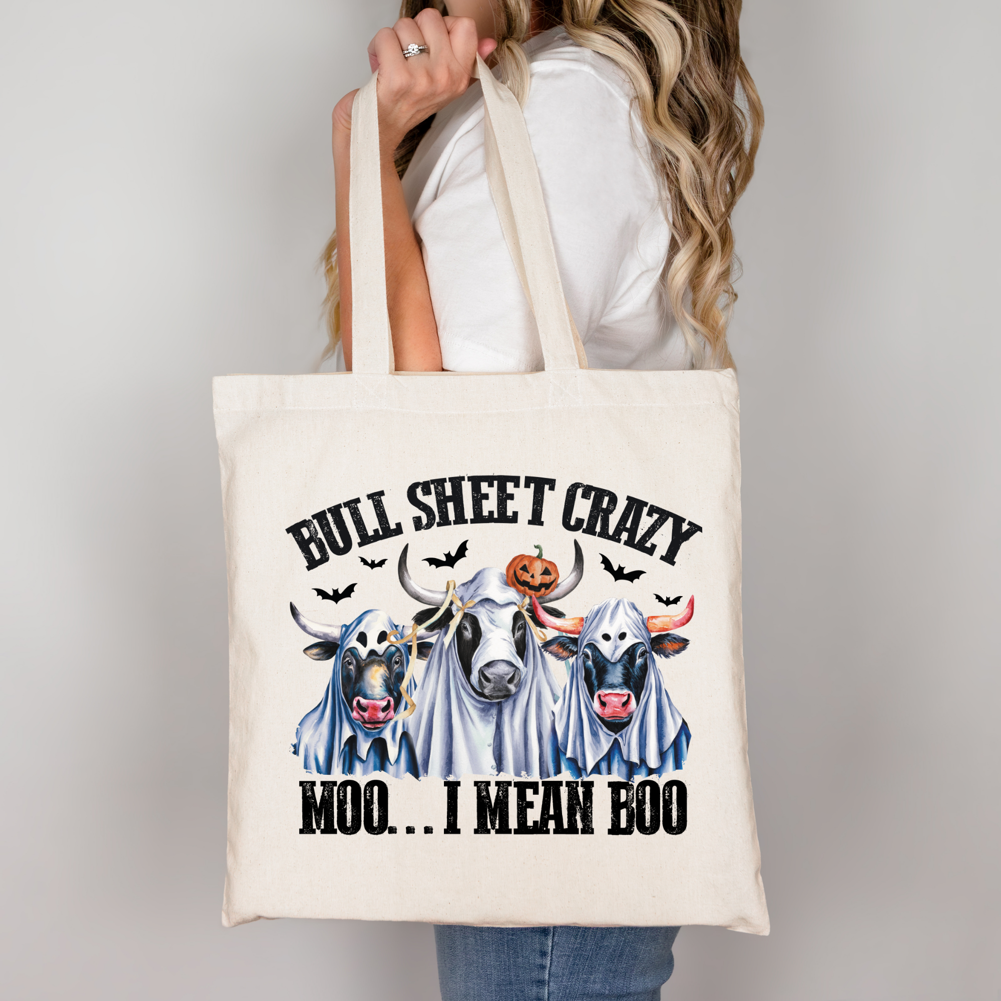 Lustige Halloween Tragetasche Kuh – Bull Sheet Crazy Moo I Mean Boo – Baumwollbeutel mit Spruch – Geschenkidee Halloween Tasche