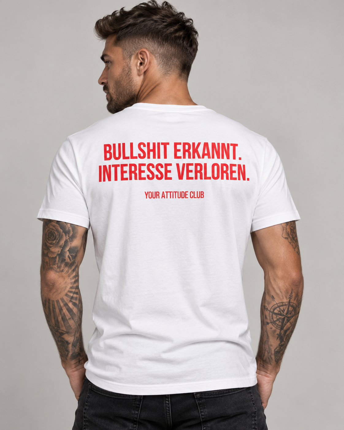 BULLSHIT ERKANNT. INTERESSE VERLOREN. – Unisex Statement T-Shirt Weiß mit rotem Print | freches Sprüche Shirt