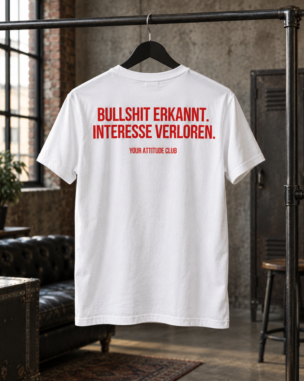 BULLSHIT ERKANNT. INTERESSE VERLOREN. – Unisex Statement T-Shirt Weiß mit rotem Print | freches Sprüche Shirt