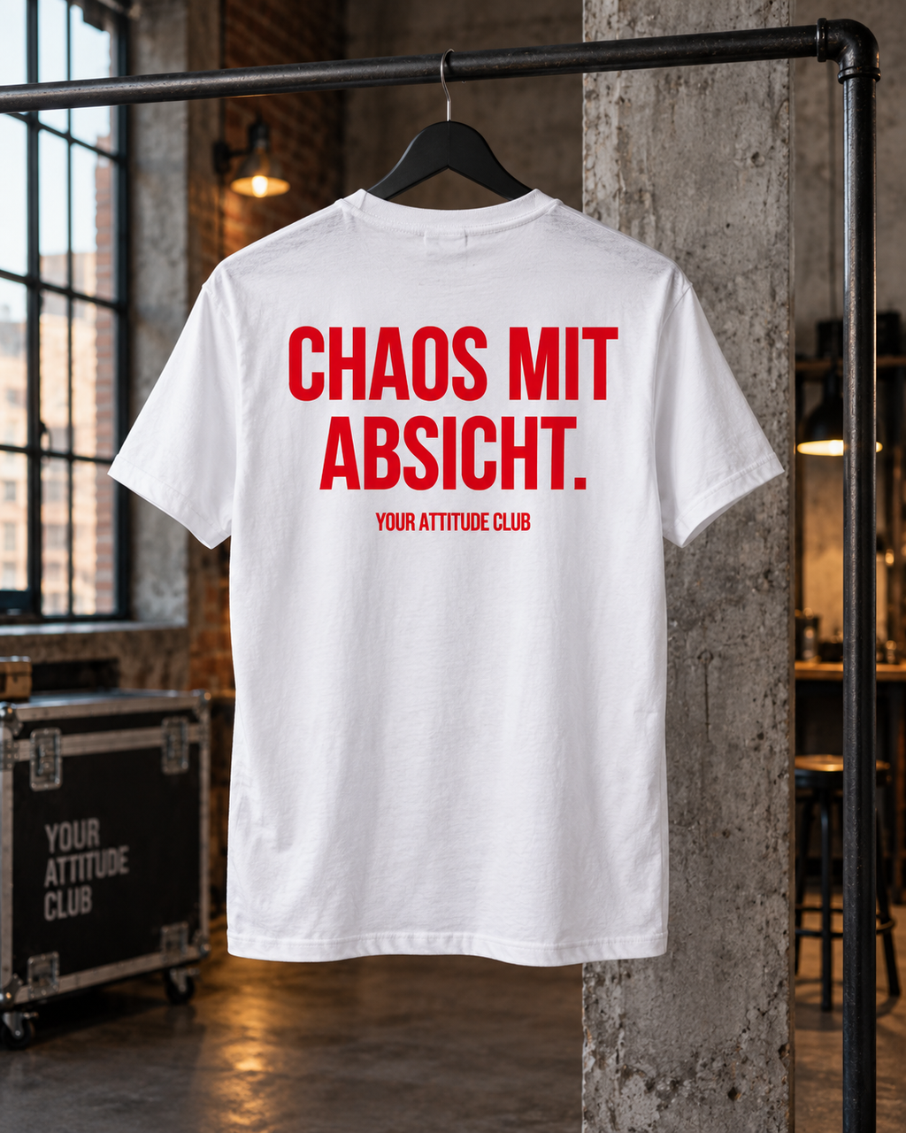 CHAOS MIT ABSICHT. – Unisex Statement T-Shirt Weiß mit rotem Print | freches Sprüche Shirt