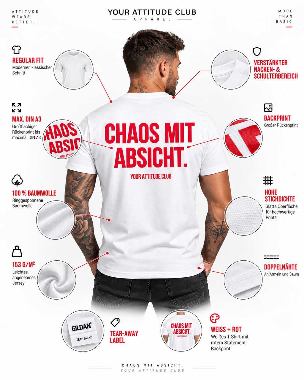 CHAOS MIT ABSICHT. – Unisex Statement T-Shirt Weiß mit rotem Print | freches Sprüche Shirt