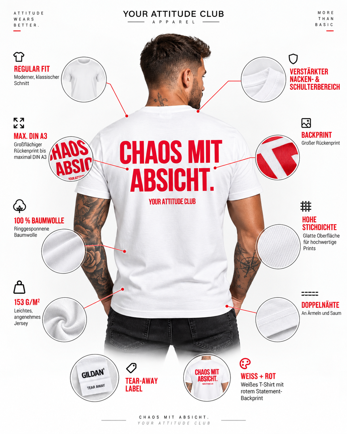 CHAOS MIT ABSICHT. – Unisex Statement T-Shirt Weiß mit rotem Print | freches Sprüche Shirt