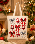 Candy Cane Bows – Weihnachtlicher Stoffbeutel mit Zuckerstangen und Schleifen | Baumwolltasche mit langen Henkeln | Nachhaltige Geschenkidee