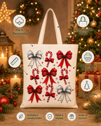 Candy Cane Bows – Weihnachtlicher Stoffbeutel mit Zuckerstangen und Schleifen | Baumwolltasche mit langen Henkeln | Nachhaltige Geschenkidee