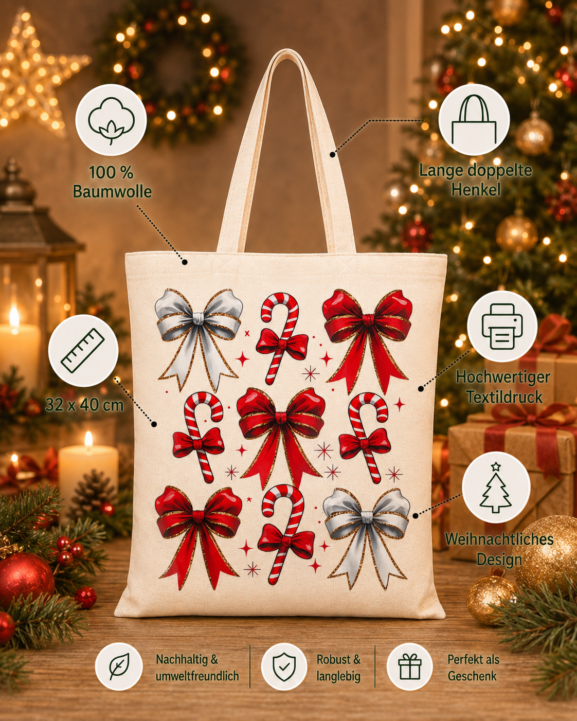 Candy Cane Bows – Weihnachtlicher Stoffbeutel mit Zuckerstangen und Schleifen | Baumwolltasche mit langen Henkeln | Nachhaltige Geschenkidee