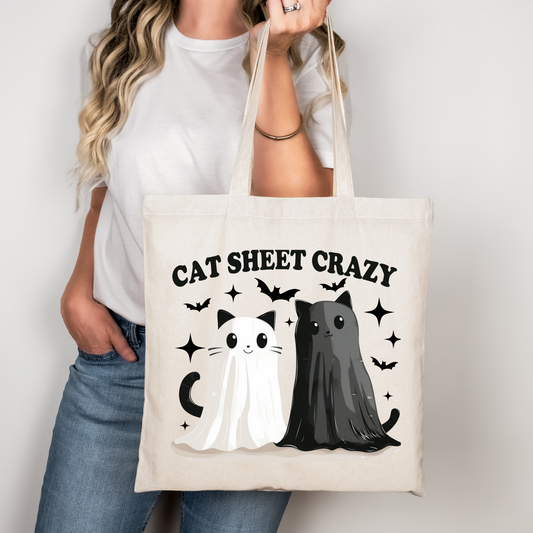 Cat Sheet Crazy Tragetasche – Lustige Halloween Baumwolltasche mit Katzen Motiv – Geschenk für Katzenfans – Rosa Beige Schwarz – Auch als Bügelbild erhältlich