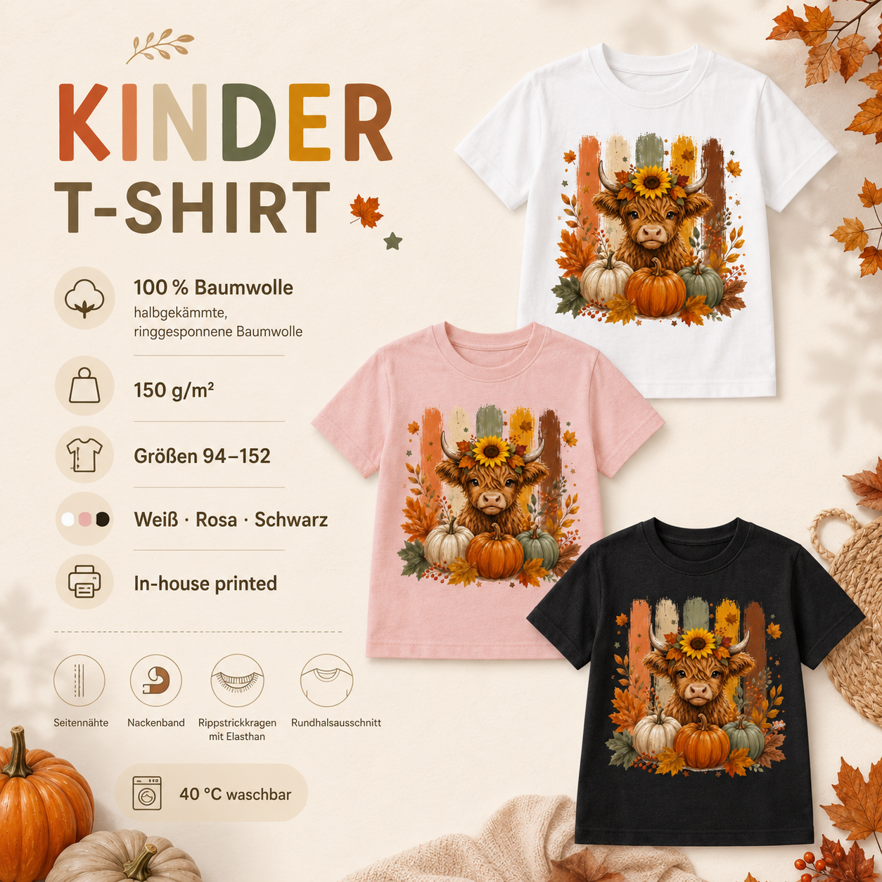 Highland Cow mit Kürbissen Kinder T-Shirt – Herbst Shirt für Kinder, Halloween Outfit, Kürbis Shirt, süßes Kuh Motiv, Mädchen & Jungen