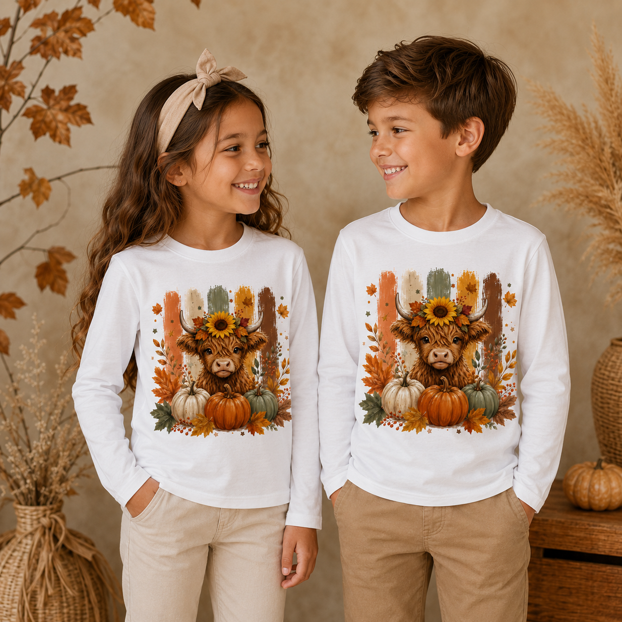 Highland Cow mit Kürbissen Kinder Langarmshirt – Herbst Longsleeve für Kinder, Halloween Shirt, Kürbis Shirt, Mädchen & Jungen