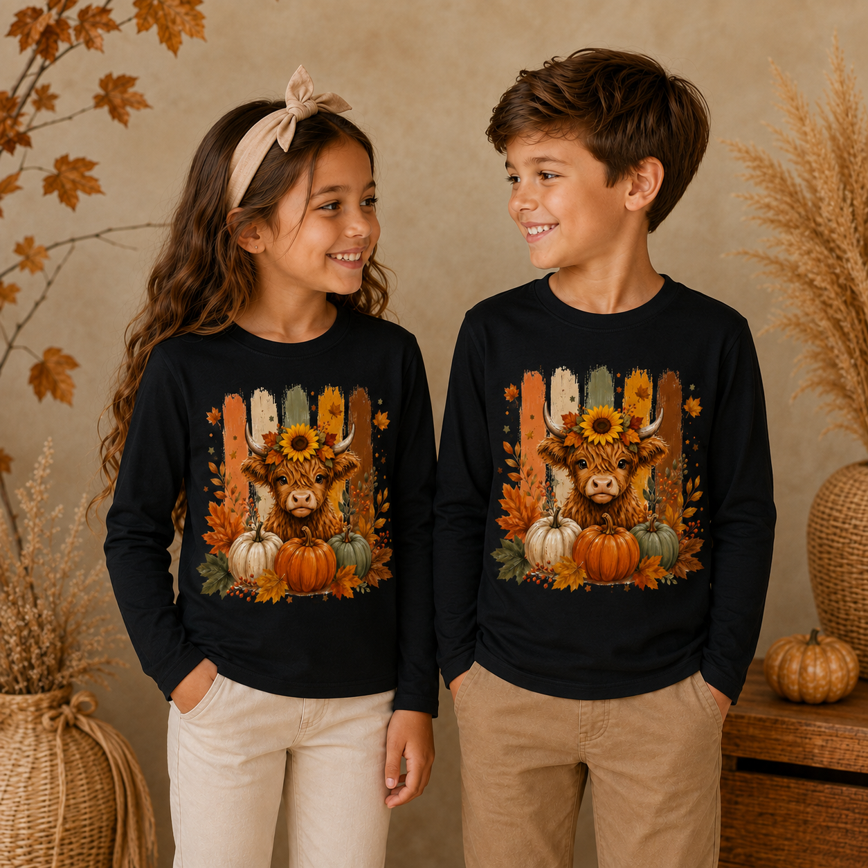 Highland Cow mit Kürbissen Kinder Langarmshirt – Herbst Longsleeve für Kinder, Halloween Shirt, Kürbis Shirt, Mädchen & Jungen