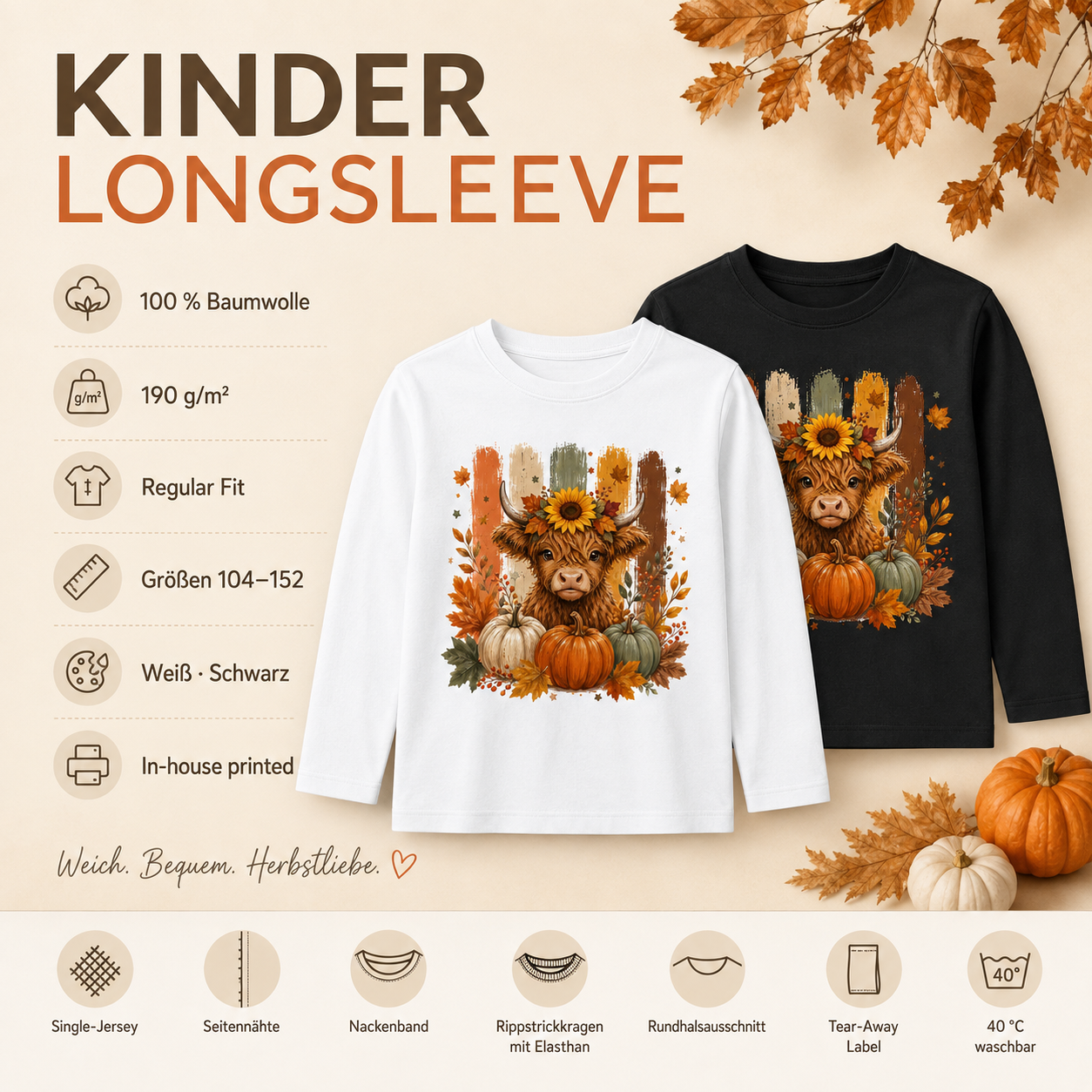 Highland Cow mit Kürbissen Kinder Langarmshirt – Herbst Longsleeve für Kinder, Halloween Shirt, Kürbis Shirt, Mädchen & Jungen