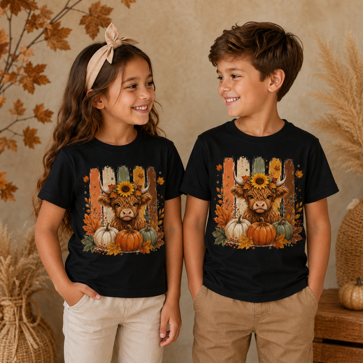 Highland Cow mit Kürbissen Kinder T-Shirt – Herbst Shirt für Kinder, Halloween Outfit, Kürbis Shirt, süßes Kuh Motiv, Mädchen & Jungen
