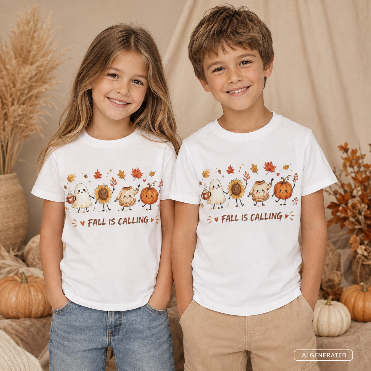 FALL IS CALLING Kinder T-Shirt – Herbst Shirt mit Geist, Kürbis & Sonnenblume, Halloween Kinder Shirt, Herbst Outfit für Mädchen & Jungen