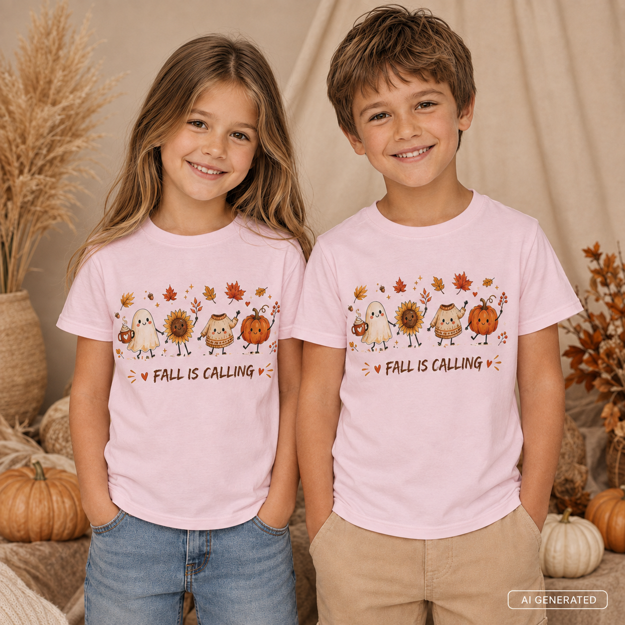 FALL IS CALLING Kinder T-Shirt – Herbst Shirt mit Geist, Kürbis & Sonnenblume, Halloween Kinder Shirt, Herbst Outfit für Mädchen & Jungen