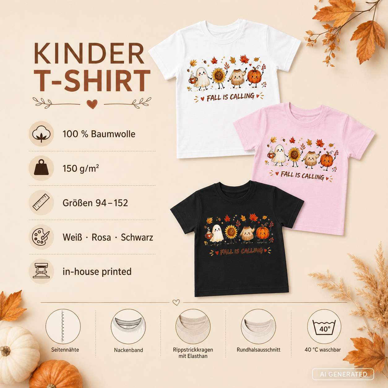 FALL IS CALLING Kinder T-Shirt – Herbst Shirt mit Geist, Kürbis & Sonnenblume, Halloween Kinder Shirt, Herbst Outfit für Mädchen & Jungen