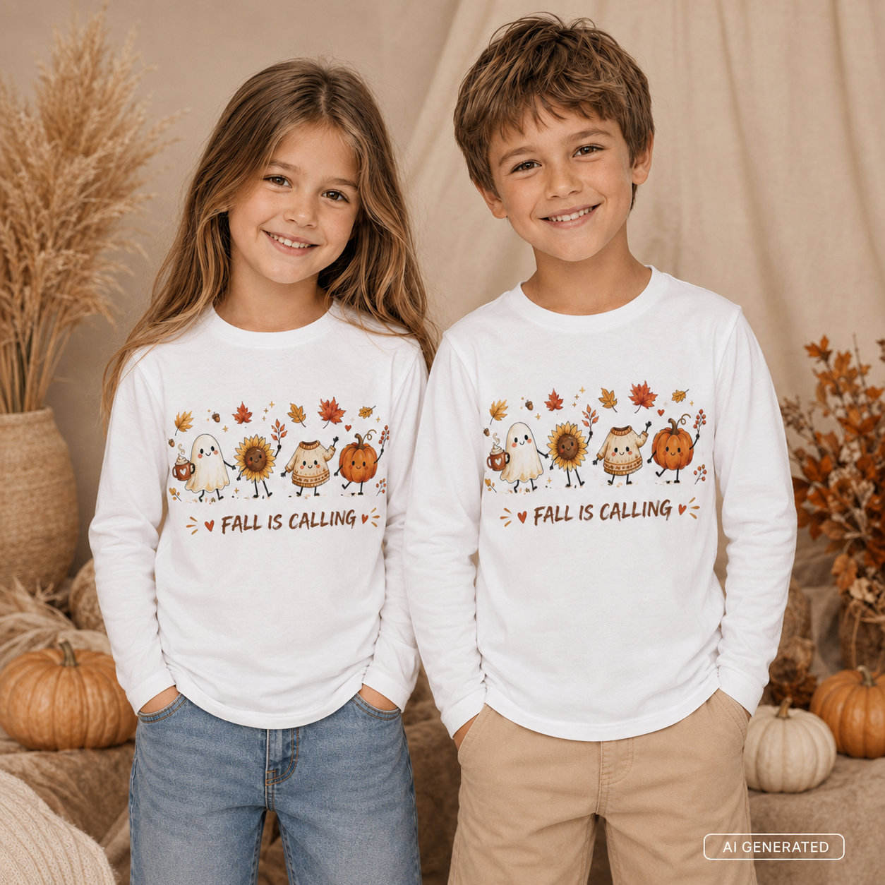 FALL IS CALLING Kinder Longsleeve – Herbst Langarmshirt mit Geist, Kürbis & Sonnenblume, Halloween Shirt für Mädchen & Jungen