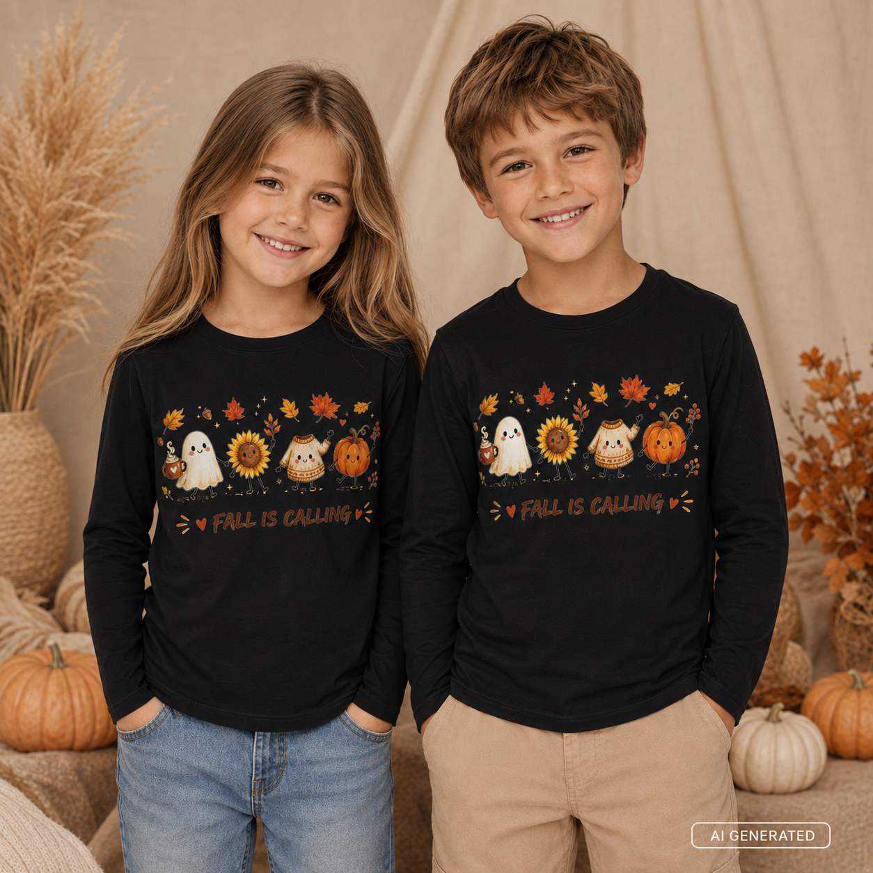 FALL IS CALLING Kinder Longsleeve – Herbst Langarmshirt mit Geist, Kürbis & Sonnenblume, Halloween Shirt für Mädchen & Jungen