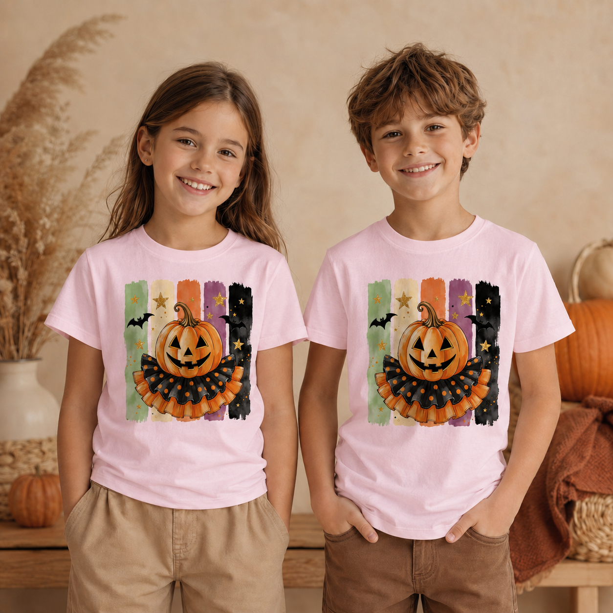 Halloween Kürbis Kinder Shirt – Jack O’Lantern Langarmshirt mit Fledermäusen, Herbst & Halloween Shirt für Mädchen und Jungen