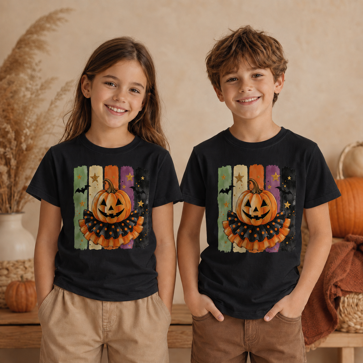 Halloween Kürbis Kinder Shirt – Jack O’Lantern Langarmshirt mit Fledermäusen, Herbst & Halloween Shirt für Mädchen und Jungen