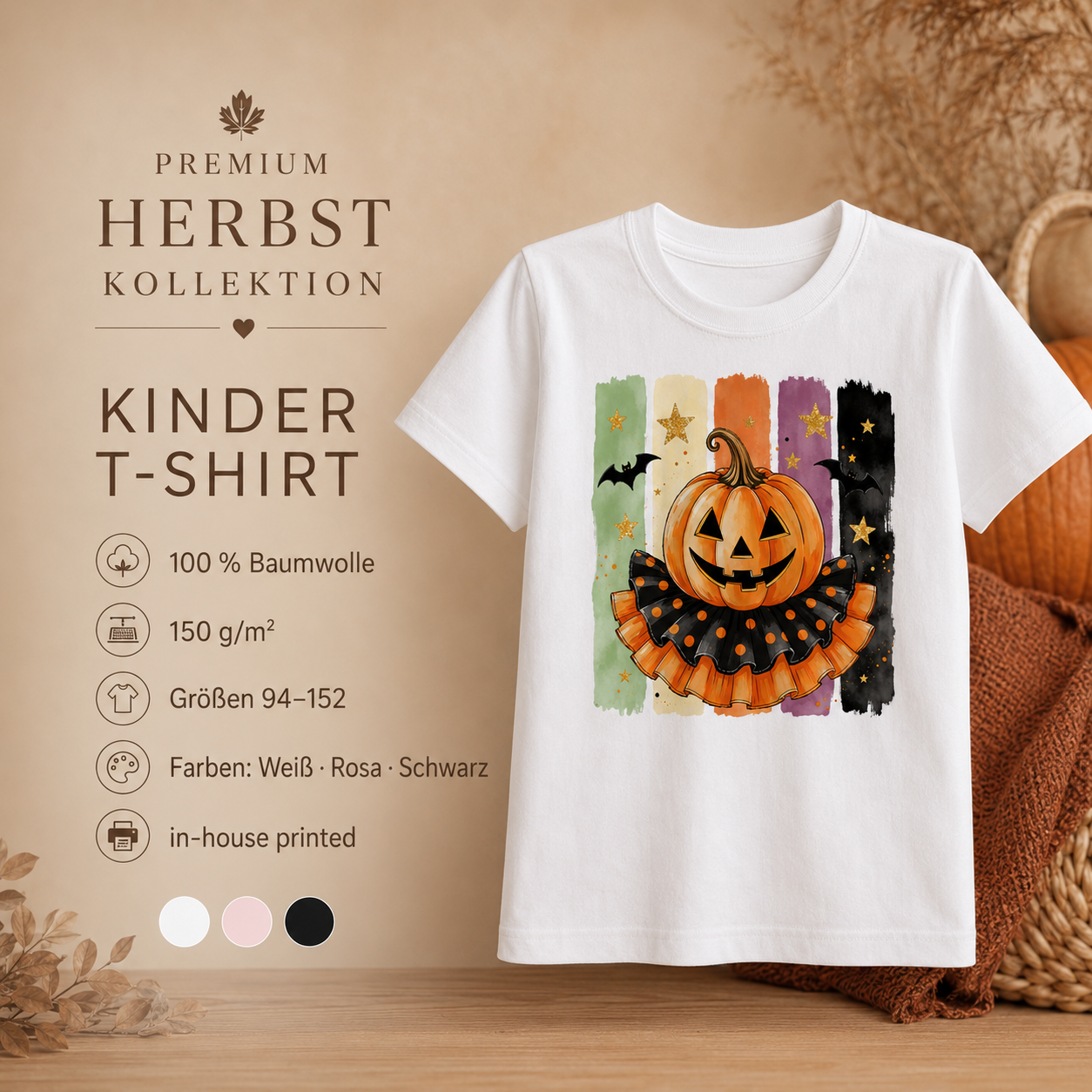 Halloween Kürbis Kinder Shirt – Jack O’Lantern Langarmshirt mit Fledermäusen, Herbst & Halloween Shirt für Mädchen und Jungen