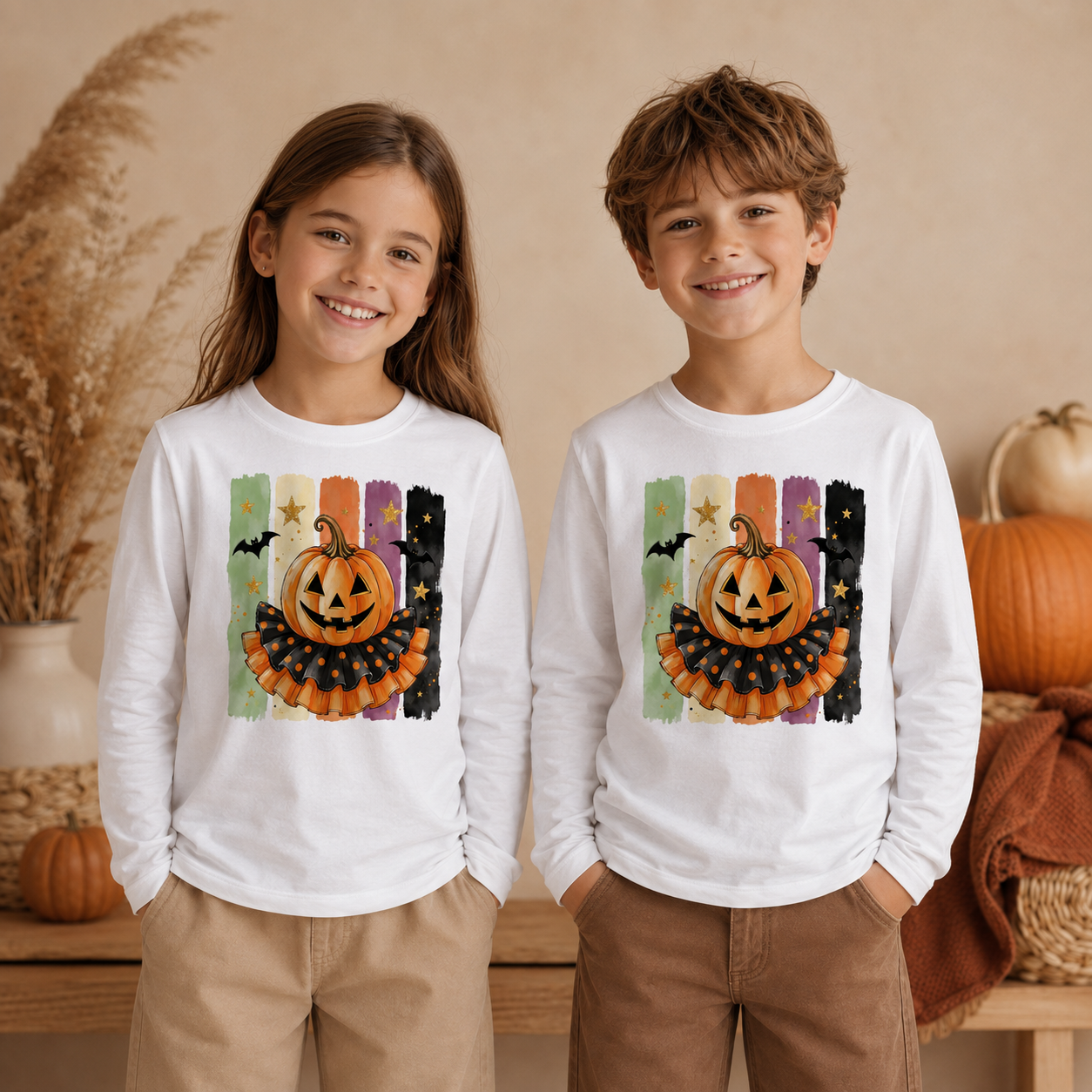 Halloween Kürbis Kinder Longsleeve – Jack O’Lantern Langarmshirt mit Fledermäusen, Herbst & Halloween Shirt für Mädchen und Jungen