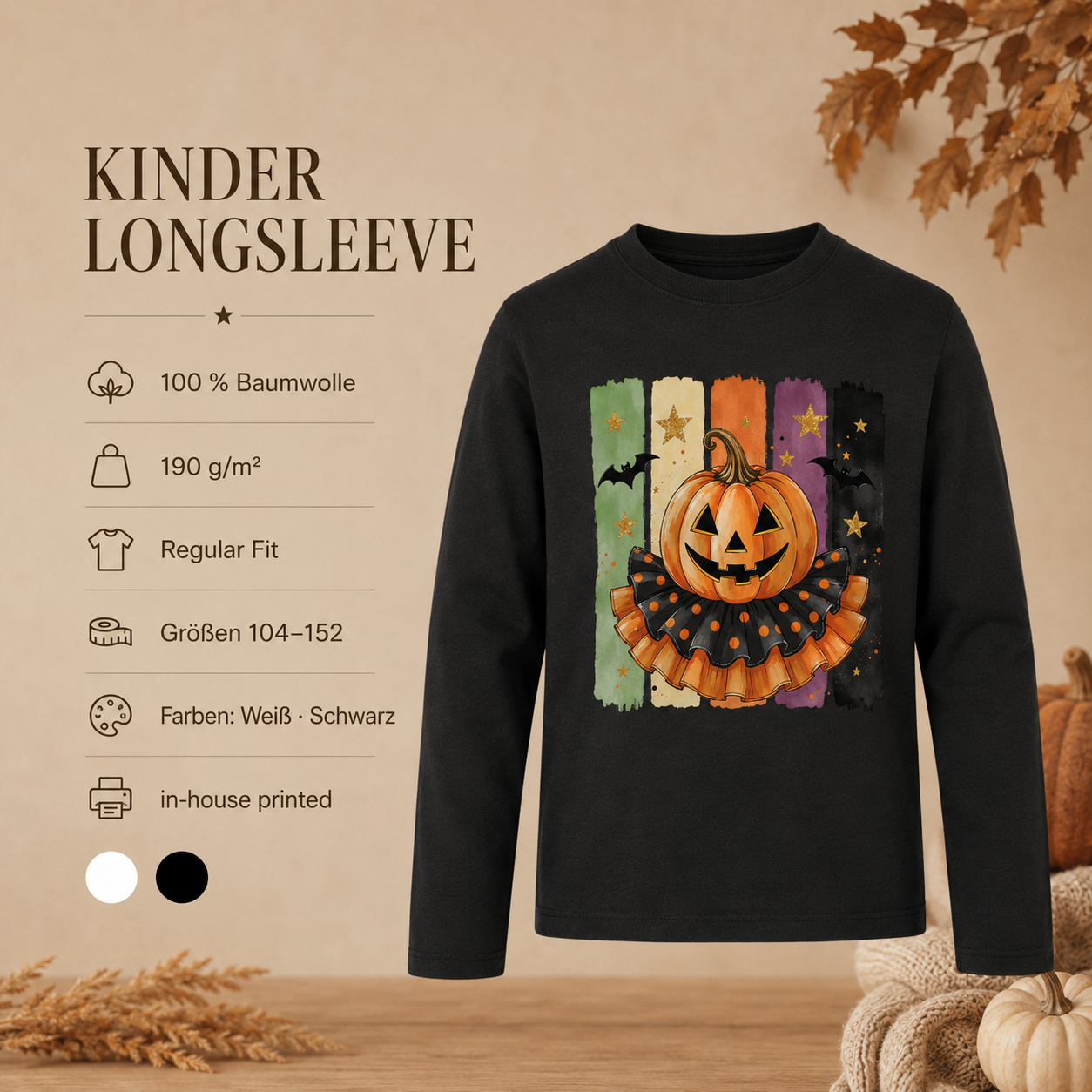 Halloween Kürbis Kinder Longsleeve – Jack O’Lantern Langarmshirt mit Fledermäusen, Herbst & Halloween Shirt für Mädchen und Jungen