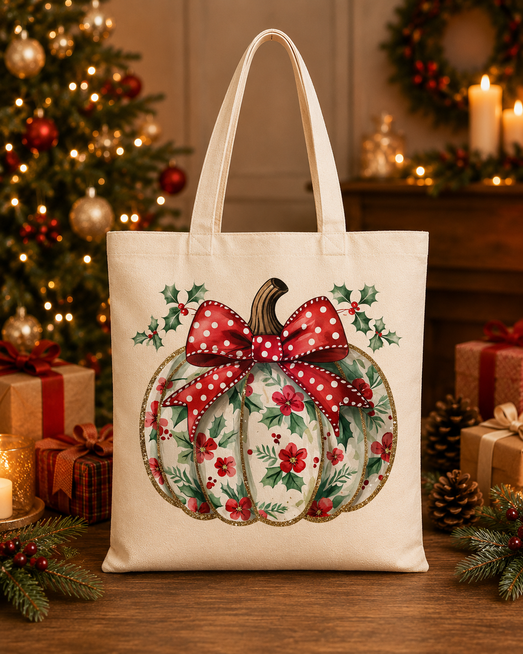 Christmas Pumpkin – Weihnachtlicher Stoffbeutel aus 100 % Baumwolle | Beigefarbene Weihnachtstasche mit Schleife | Nachhaltige Geschenkidee