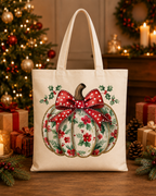 Christmas Pumpkin – Weihnachtlicher Stoffbeutel aus 100 % Baumwolle | Beigefarbene Weihnachtstasche mit Schleife | Nachhaltige Geschenkidee