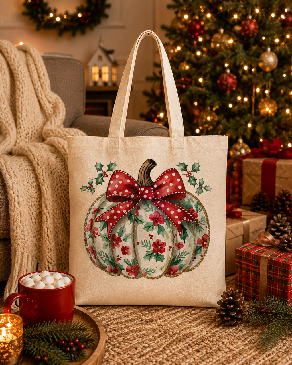 Christmas Pumpkin – Weihnachtlicher Stoffbeutel aus 100 % Baumwolle | Beigefarbene Weihnachtstasche mit Schleife | Nachhaltige Geschenkidee