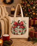 Christmas Pumpkin – Weihnachtlicher Stoffbeutel aus 100 % Baumwolle | Beigefarbene Weihnachtstasche mit Schleife | Nachhaltige Geschenkidee