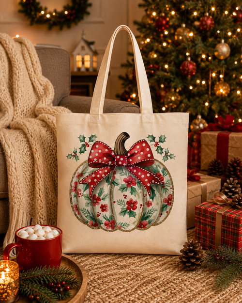Christmas Pumpkin – Weihnachtlicher Stoffbeutel aus 100 % Baumwolle | Beigefarbene Weihnachtstasche mit Schleife | Nachhaltige Geschenkidee