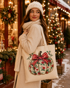 Christmas Pumpkin – Weihnachtlicher Stoffbeutel aus 100 % Baumwolle | Beigefarbene Weihnachtstasche mit Schleife | Nachhaltige Geschenkidee