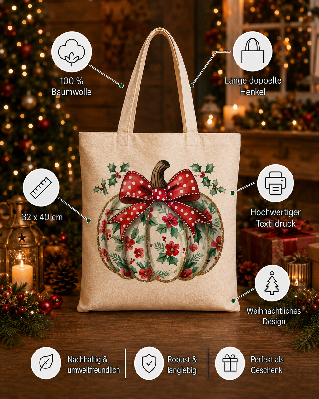 Christmas Pumpkin – Weihnachtlicher Stoffbeutel aus 100 % Baumwolle | Beigefarbene Weihnachtstasche mit Schleife | Nachhaltige Geschenkidee