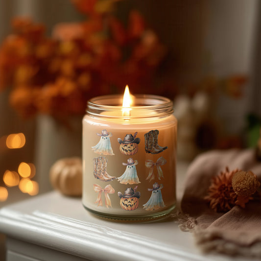 Halloween Kerze Glas Country Style | Lustige Herbst Duftkerze Sojawachs | Geschenkidee Frauen | Cozy Candle Home Decor Halloween Deko