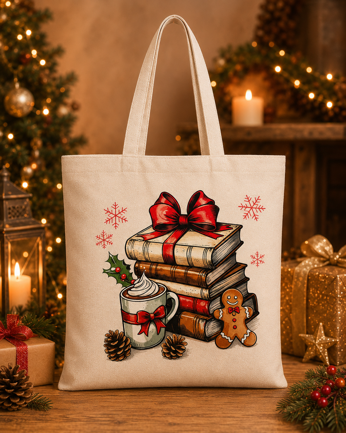 Cozy Book Christmas – Weihnachtlicher Stoffbeutel mit Büchern, Kakao und Lebkuchenmann | Baumwolltasche für Leseratten | Weihnachtsgeschenk