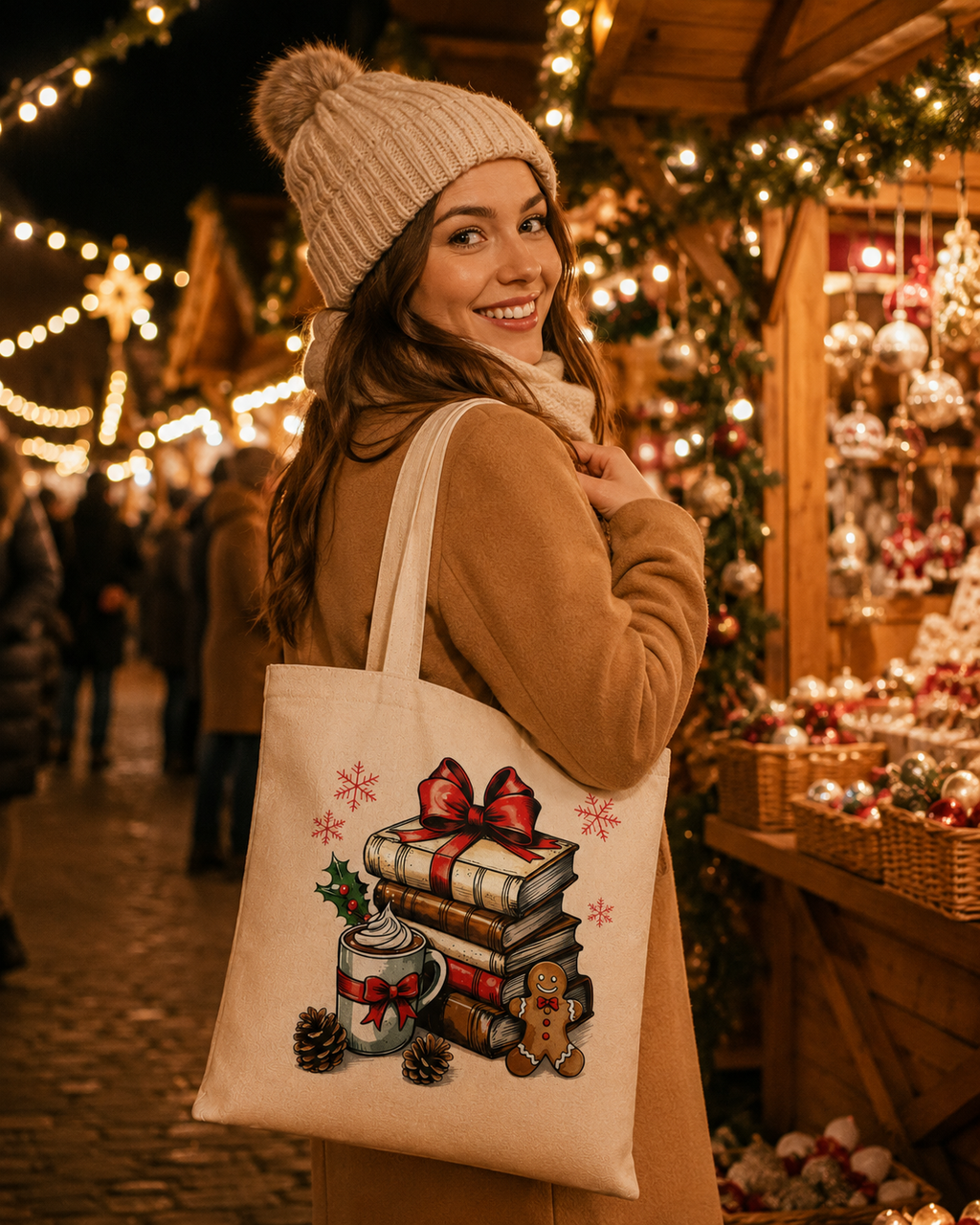 Cozy Book Christmas – Weihnachtlicher Stoffbeutel mit Büchern, Kakao und Lebkuchenmann | Baumwolltasche für Leseratten | Weihnachtsgeschenk