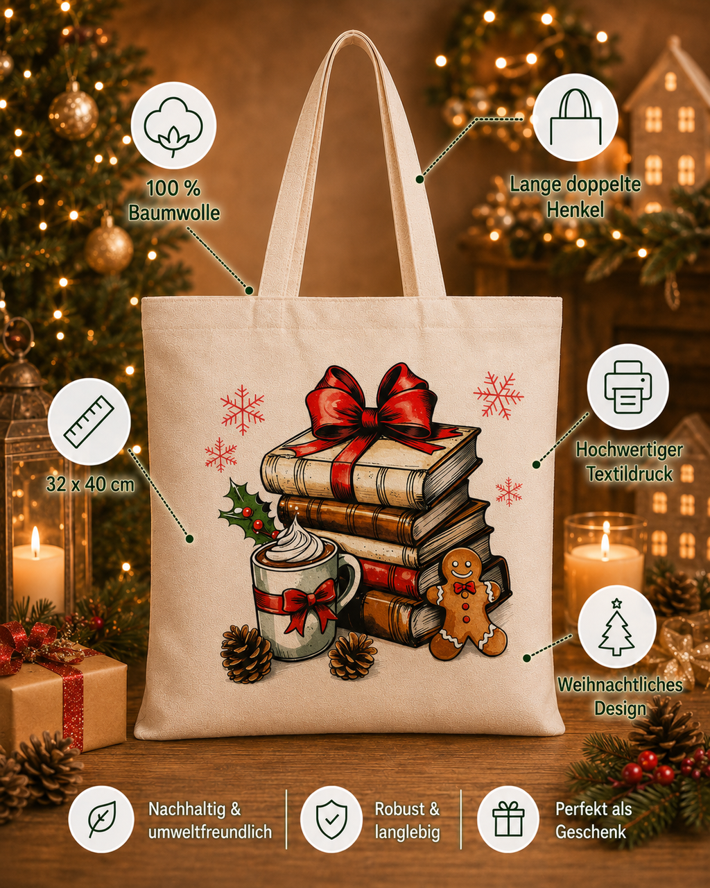 Cozy Book Christmas – Weihnachtlicher Stoffbeutel mit Büchern, Kakao und Lebkuchenmann | Baumwolltasche für Leseratten | Weihnachtsgeschenk