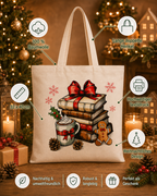 Cozy Book Christmas – Weihnachtlicher Stoffbeutel mit Büchern, Kakao und Lebkuchenmann | Baumwolltasche für Leseratten | Weihnachtsgeschenk
