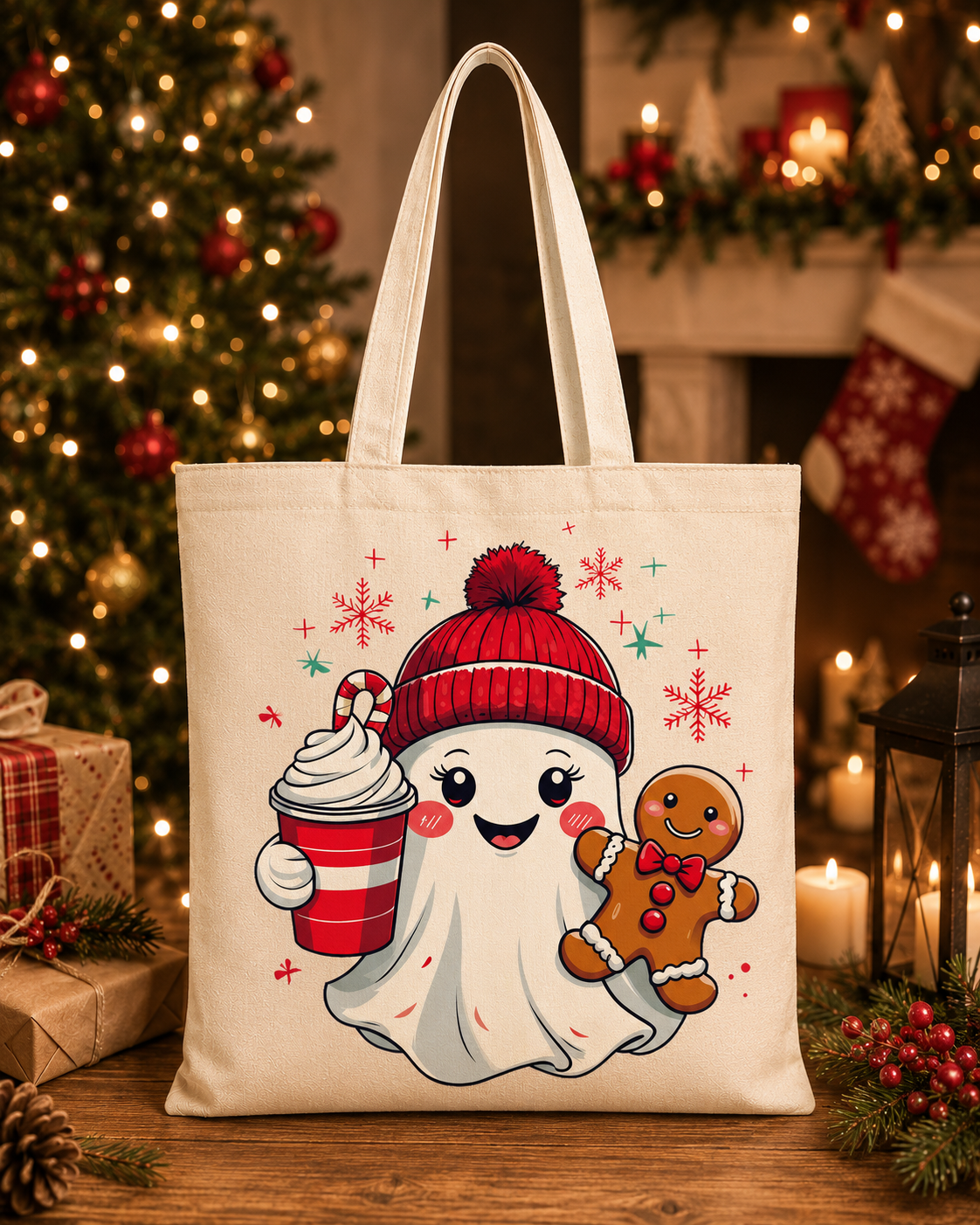 Cozy Christmas Ghost – Weihnachtlicher Stoffbeutel mit süßem Gespenst, Lebkuchenmann und Kakao | Baumwolltasche mit langen Henkeln | Geschenkidee zu Weihnachten