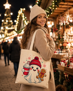 Cozy Christmas Ghost – Weihnachtlicher Stoffbeutel mit süßem Gespenst, Lebkuchenmann und Kakao | Baumwolltasche mit langen Henkeln | Geschenkidee zu Weihnachten