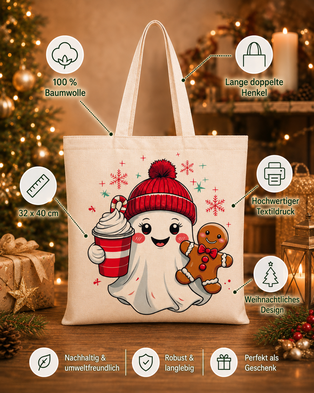 Cozy Christmas Ghost – Weihnachtlicher Stoffbeutel mit süßem Gespenst, Lebkuchenmann und Kakao | Baumwolltasche mit langen Henkeln | Geschenkidee zu Weihnachten