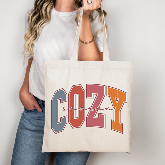 Herbst Baumwollbeutel „Cozy Season“ – Vintage Look Jutebeutel – DTG Druck – Tasche 38x42cm – Rosa, Beige oder Schwarz – Motiv auch als Bügelbild