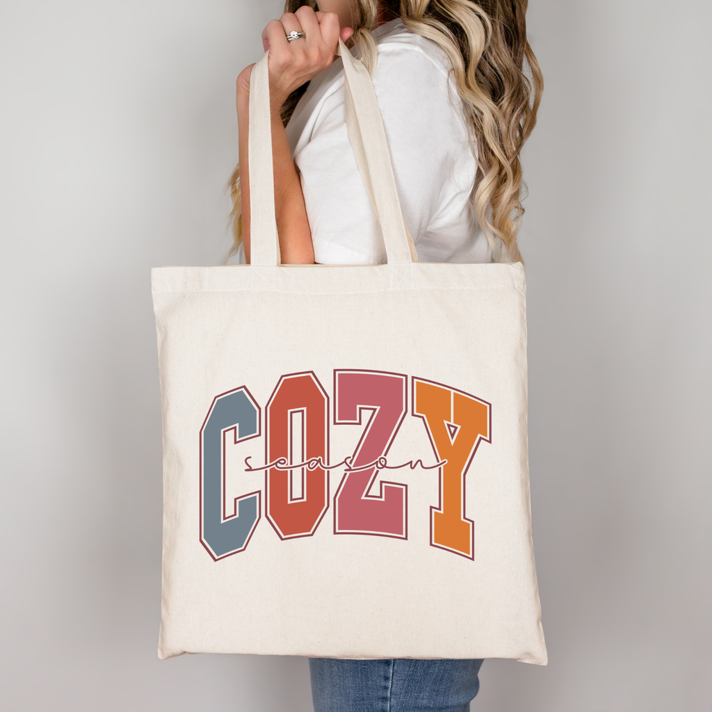 Herbst Baumwollbeutel „Cozy Season“ – Vintage Look Jutebeutel – DTG Druck – Tasche 38x42cm – Rosa, Beige oder Schwarz – Motiv auch als Bügelbild