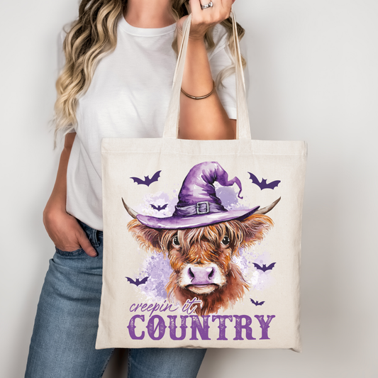 Halloween Baumwolltasche „Creepin’ it Country“ – Highland-Kuh mit Hexenhut | Rosa, Beige &amp; Schwarz | Auch als Bügelbild