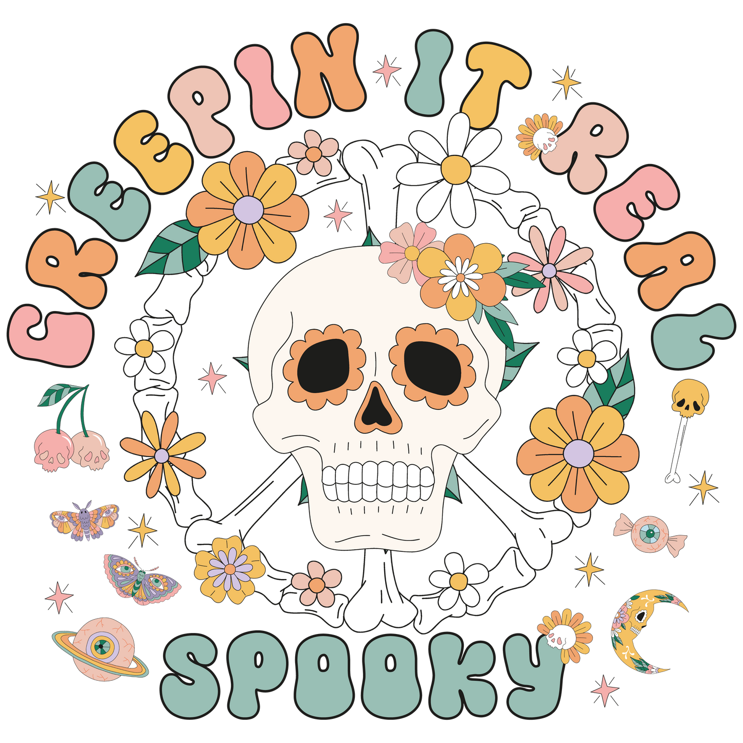 Creepin it Real Spooky Totenkopf Tasche Halloween Beutel Skull Print – Baumwolltasche Schwarz Beige Rosa – 38x42cm – auch als Bügelbild erhältlich