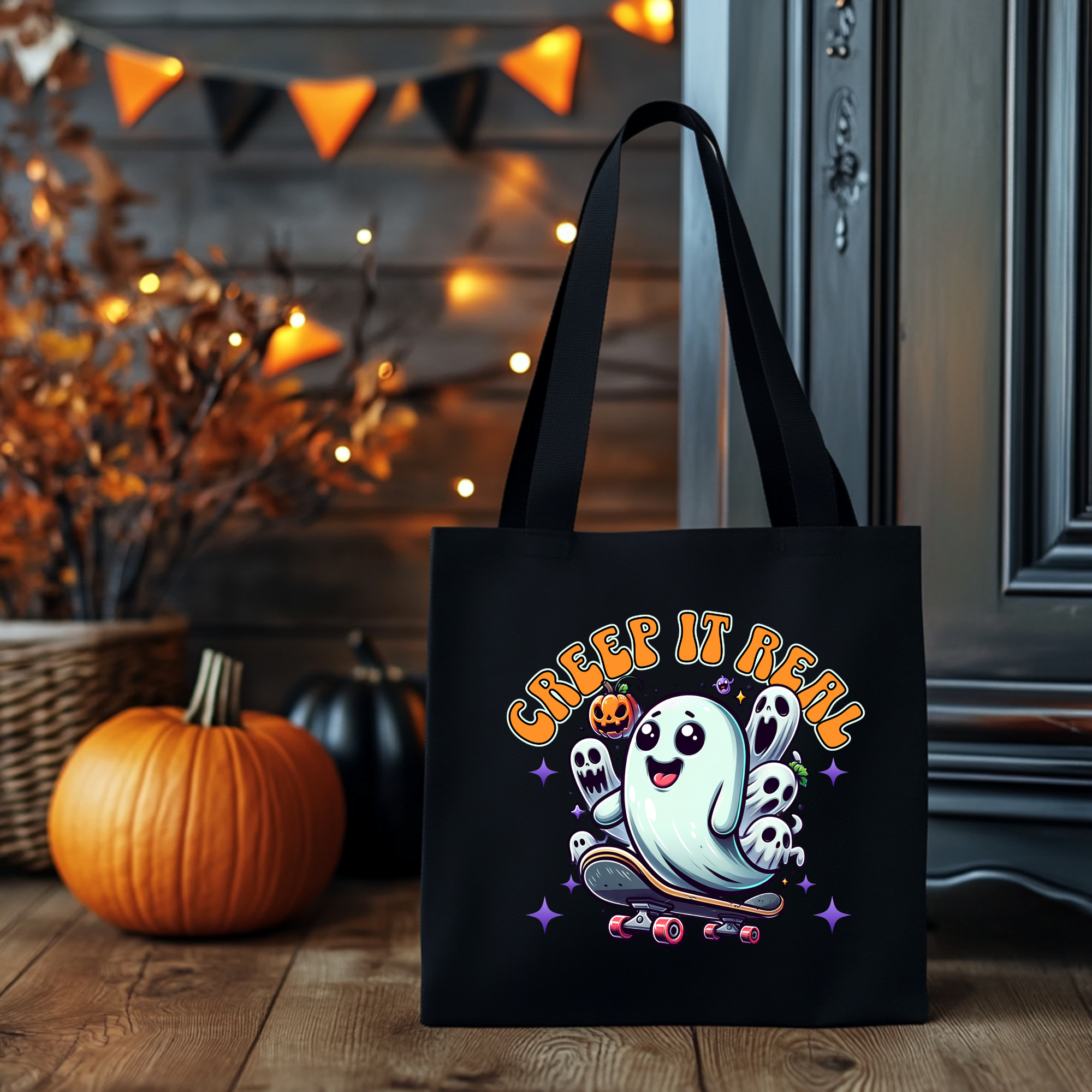 Halloween Tragetasche Creep It Real Geist Skateboard – Baumwollbeutel mit Druck – Bügelbild erhältlich – Geschenkidee – Schwarz Beige Rosa – DTG Druck