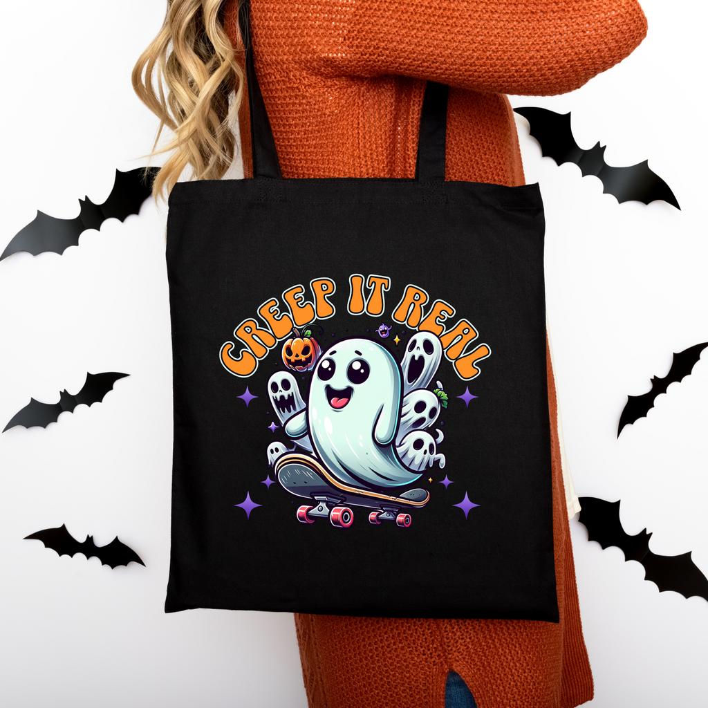 Halloween Tragetasche Creep It Real Geist Skateboard – Baumwollbeutel mit Druck – Bügelbild erhältlich – Geschenkidee – Schwarz Beige Rosa – DTG Druck