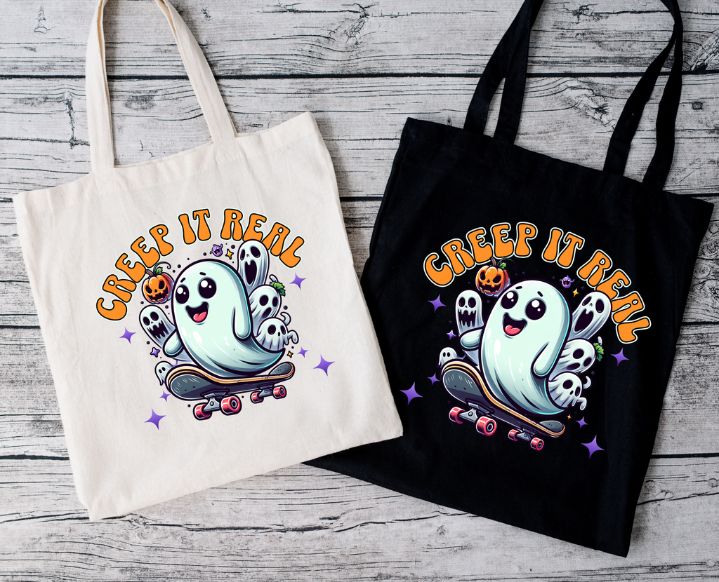 Halloween Tragetasche Creep It Real Geist Skateboard – Baumwollbeutel mit Druck – Bügelbild erhältlich – Geschenkidee – Schwarz Beige Rosa – DTG Druck